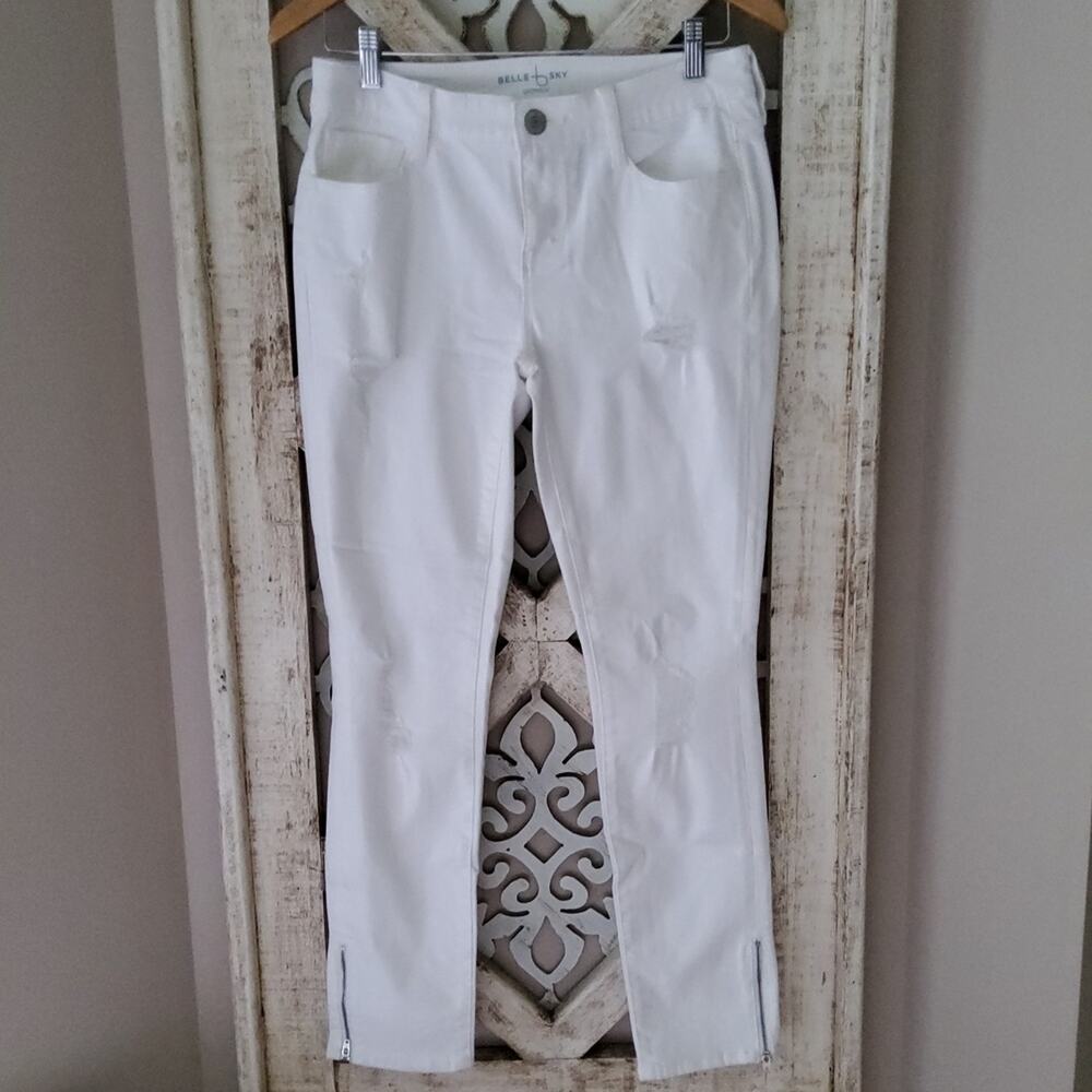 Belle Sky Women's Destructed Skinny Denim Jeans with Ankle Zippers in White